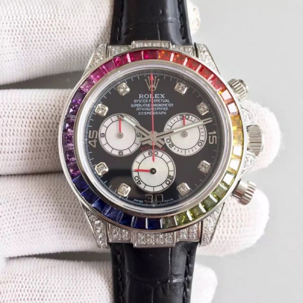 Rolex Daytona Cosmograph 116599 Rainbow Stainless Steel & Diamonds Black Dial Swiss 7750 Run 6@SEC