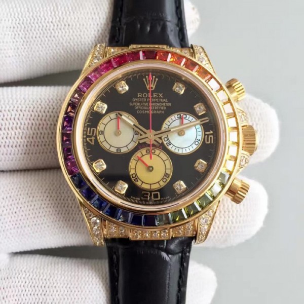 Rolex Daytona Cosmograph 116598 Rainbow Yellow Gold & Diamonds Black Dial Swiss 7750 Run 6@SEC