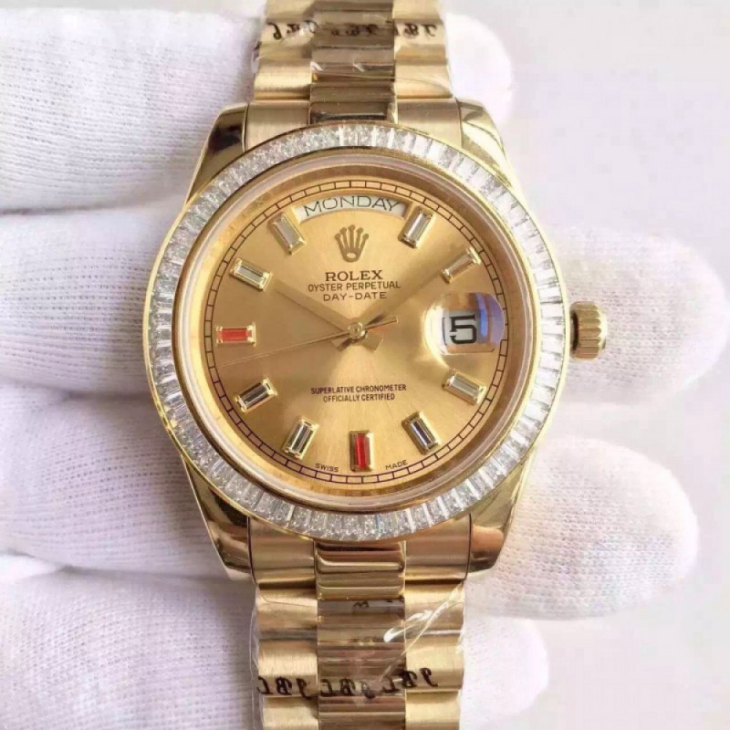 Rolex Day-Date II 218238 41MM KW Yellow Gold & Diamonds Champagne Dial Swiss 3255