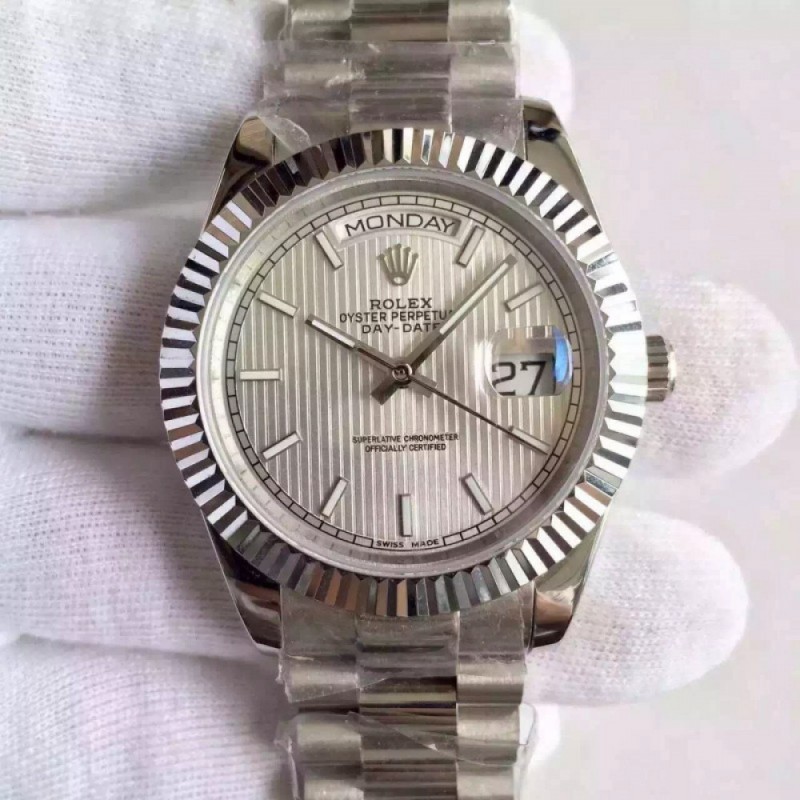 Rolex Day-Date 40 228239 40MM KW Stainless Steel Silver Stripe Dial Swiss 3255